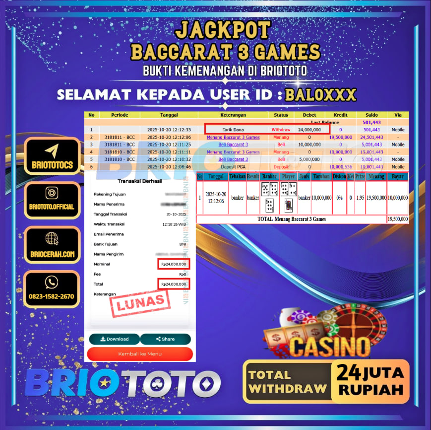 BRIOTOTO JACKPOT LIVE GAME BACCARAT 3 GAMES RP.24.000.000,- LUNAS USER ID : BALO****