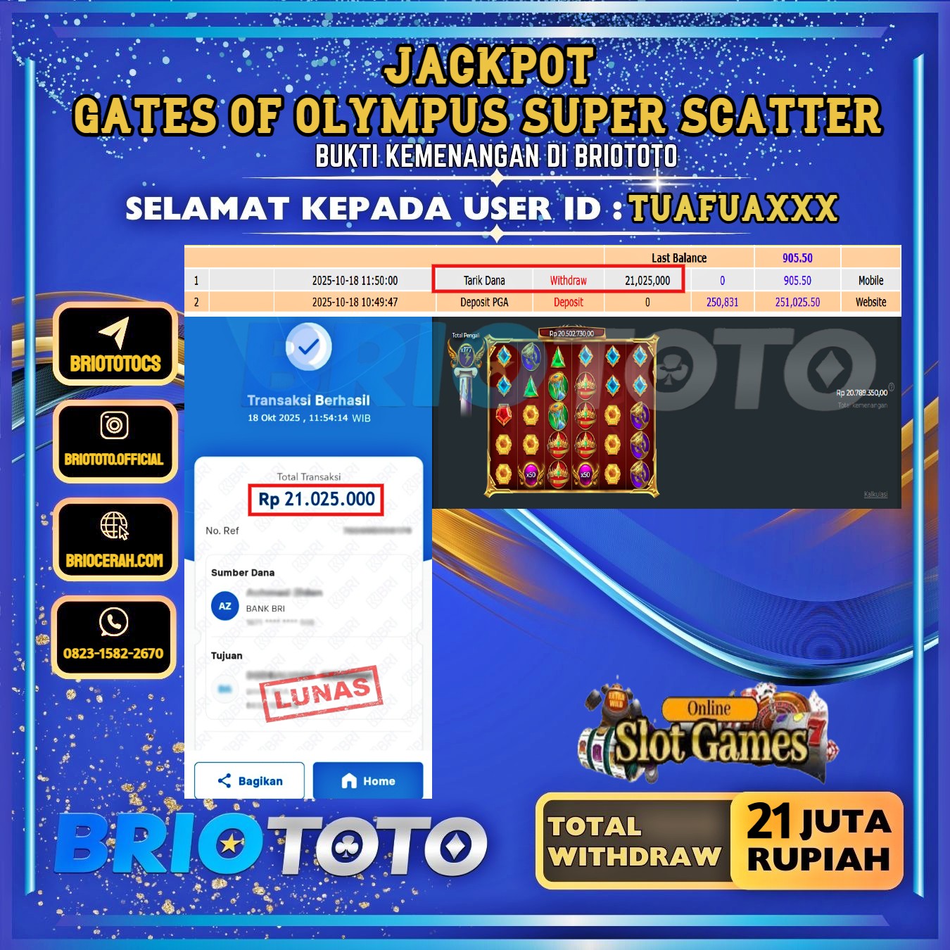 BRIOTOTO JACKPOT SLOT GATES OF OLYMPUS SUPER SCATTER RP.21.000.000,- LUNAS USER ID : TUAFUA****