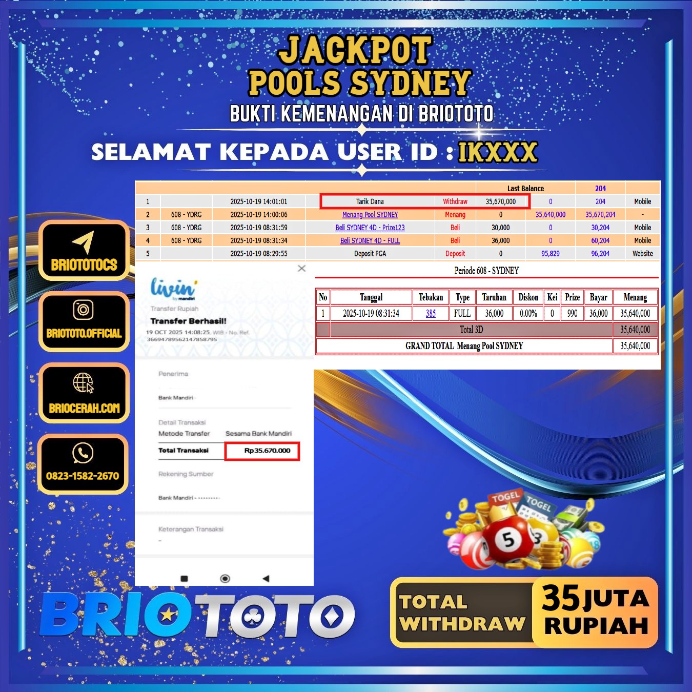 BRIOTOTO JACKPOT TOGEL PASARAN SYDNEY RP.35.000.000,- LUNAS USER ID : IK****