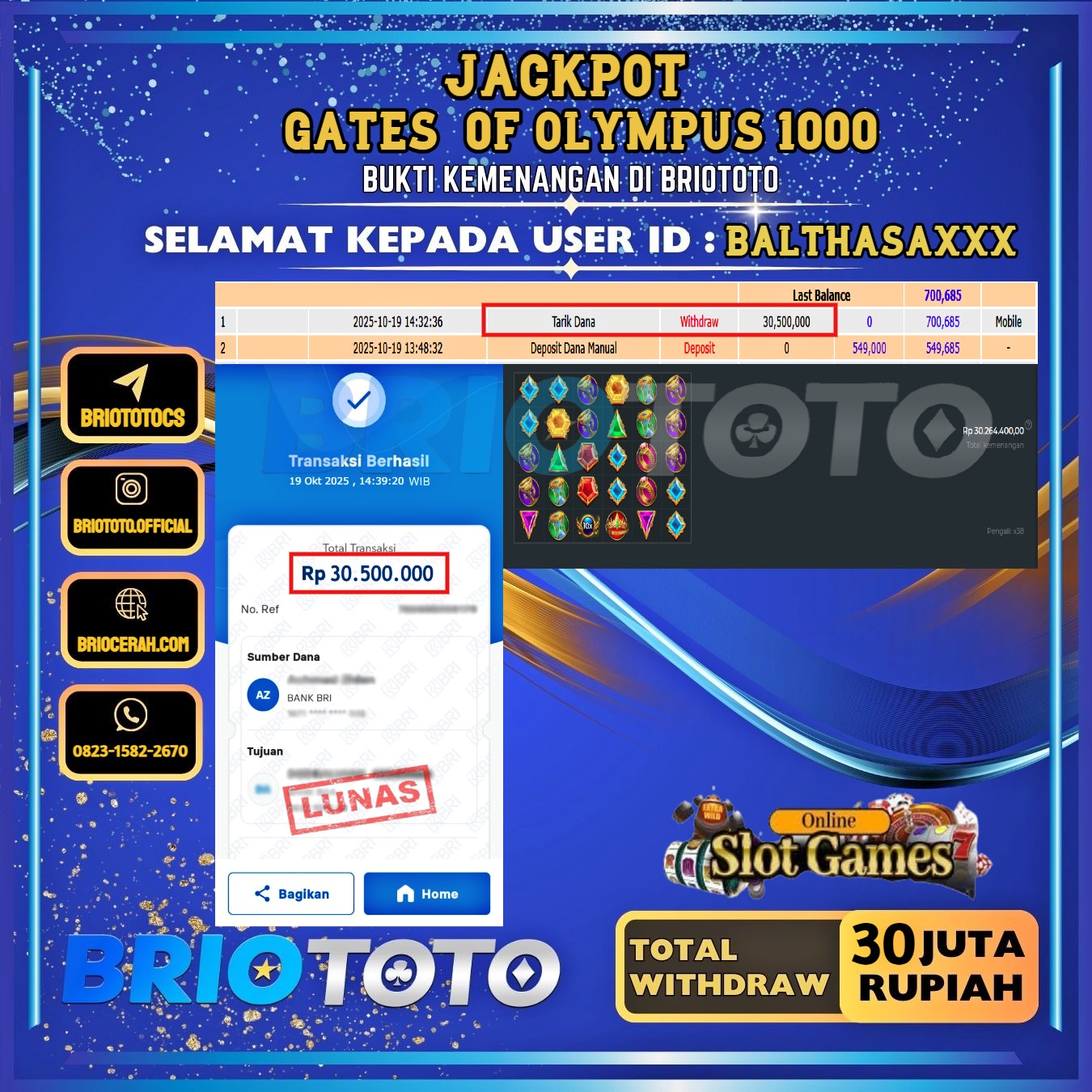 BRIOTOTO JACKPOT GATESS OF OLYMPUS 1000 RP.30.000.000,- LUNAS USER ID : BALTHASA****