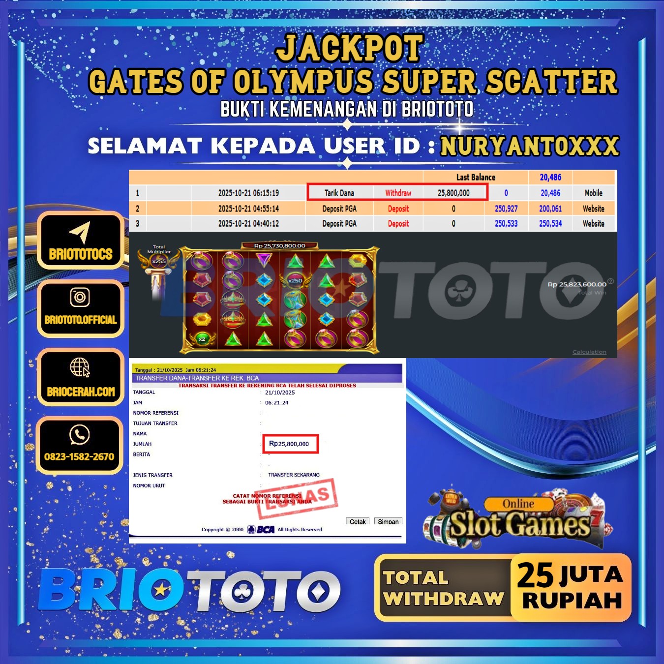 BRIOTOTO JACKPOT SLOT GATES OF OLYMPUS SUPER SCATTER RP.25.000.000,- LUNAS USER ID : NURYANTO****