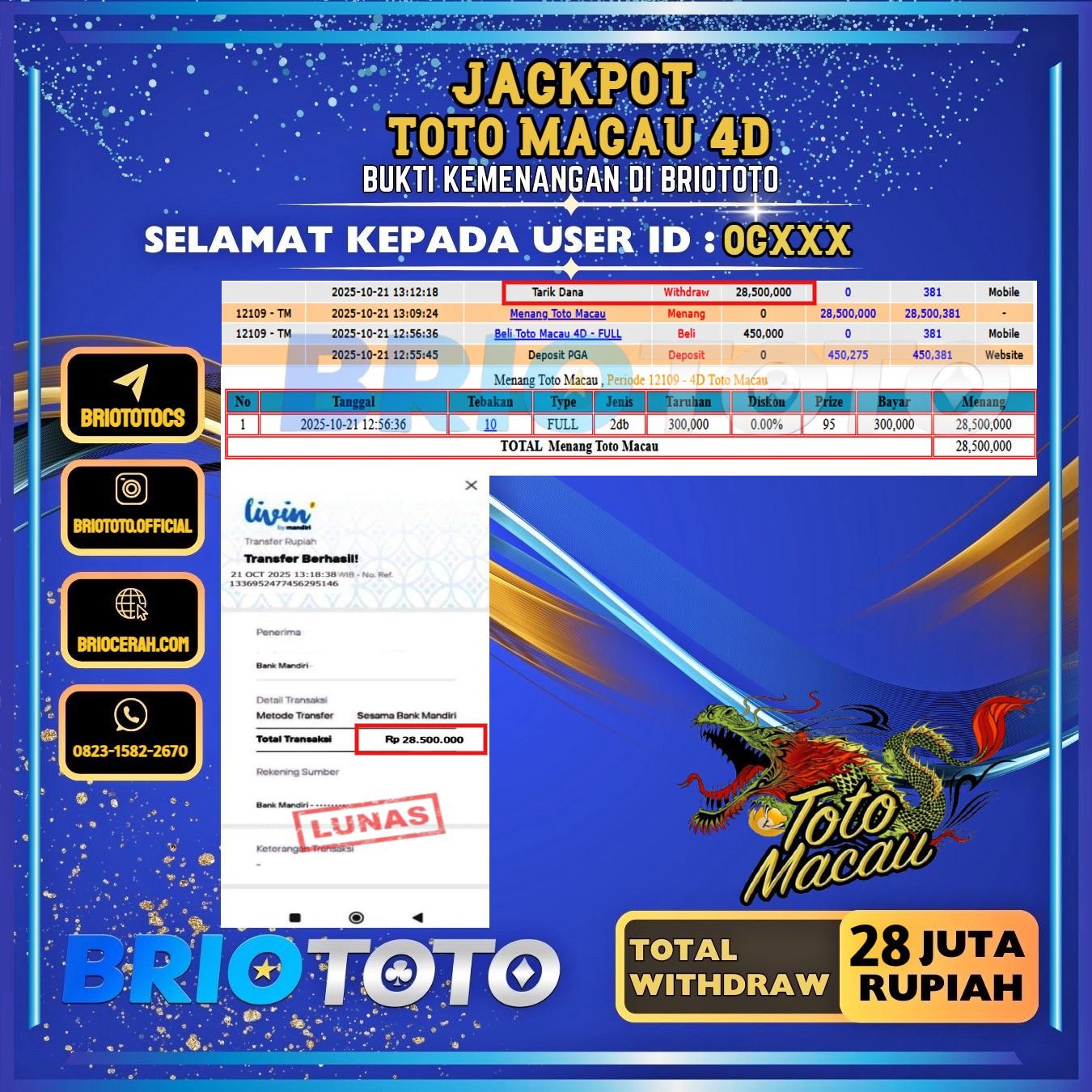 BRIOTOTO JACKPOT TOGEL PASARAN TOTOMACAU 4D RP.28.000.000,- LUNAS USER ID : OC****