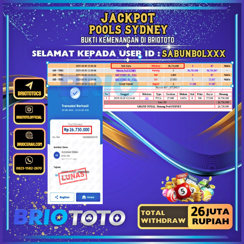 BRIOTOTO JACKPOT TOGEL PASARAN SYDNEY RP.26.000.000,- LUNAS USER ID : SABUNBOL***
