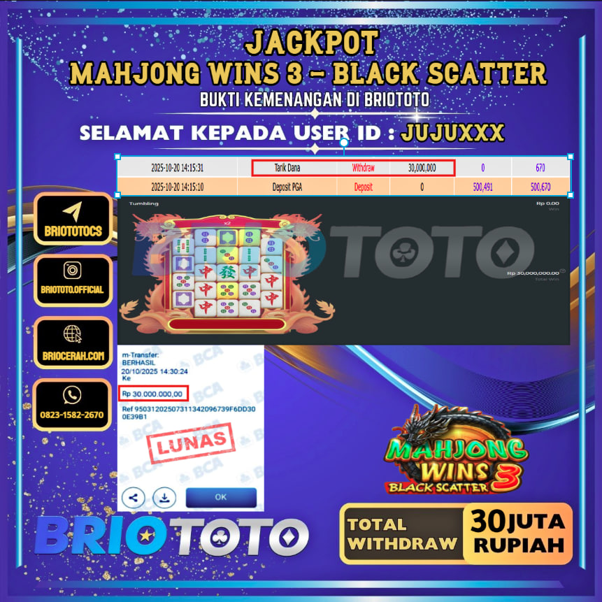 BRIOTOTO JACKPOT SLOT MAHJONG WINS 3 BLACK SCATTER RP.30.000.000,- LUNAS USER ID : JUJU***