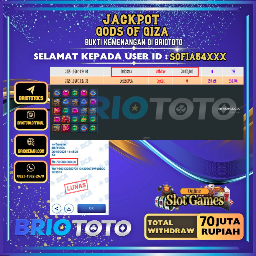 BRIOTOTO JACKPOT SLOT GODS OF GIZA RP.70.000.000,- LUNAS USER ID : SOFIA54***
